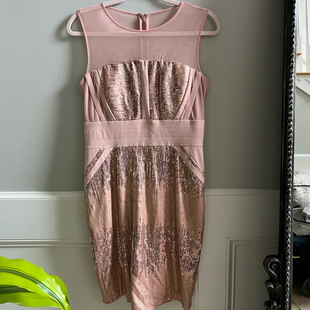 Calvin Klein Sequins Mesh Knit Blush Pencil Dress